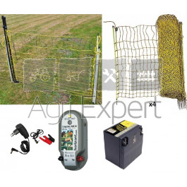 Kit clôture électrique 25 Ares pour volailles. Electrificateur mixte 12/230V, Batterie, filets, Portillon.