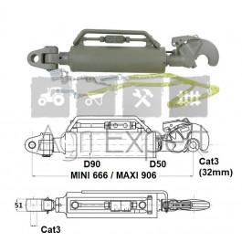 Barre de poussée hydraulique 12T crochet Cat3 genouillère D32, entre-axe 666/906 mm avec flexibles et prises