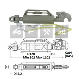 Barre de poussée hydraulique 18T crochet Cat4 genouillère D45,2, entre-axe 802/1102 mm avec flexibles et prises