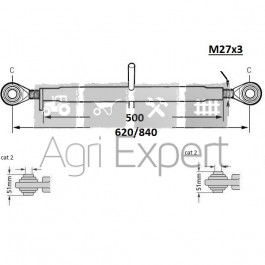 Barre de poussée M27x3 longueur 620/840 mm rotule D25.4, tracteur toute marque Jusqu'à 85CV.