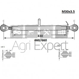 Barre de poussée M30x3,5 longueur 460/660 mm rotule D25.4 D19, tracteur toute marque Jusqu'à 85CV.