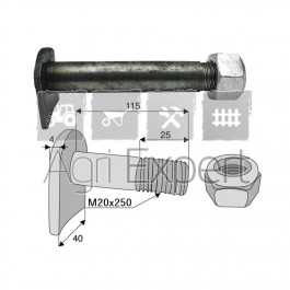 Boulon 20x115 avec écrou pour marteau de broyeur Humus, M20 x 2.5 x 115 tête spéciale