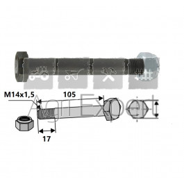 Boulon M14x105 avec écrou pour marteau de broyeur Müthing, Bombord, Spearhead, M14 x 1,5 x 105 mm, 10.9