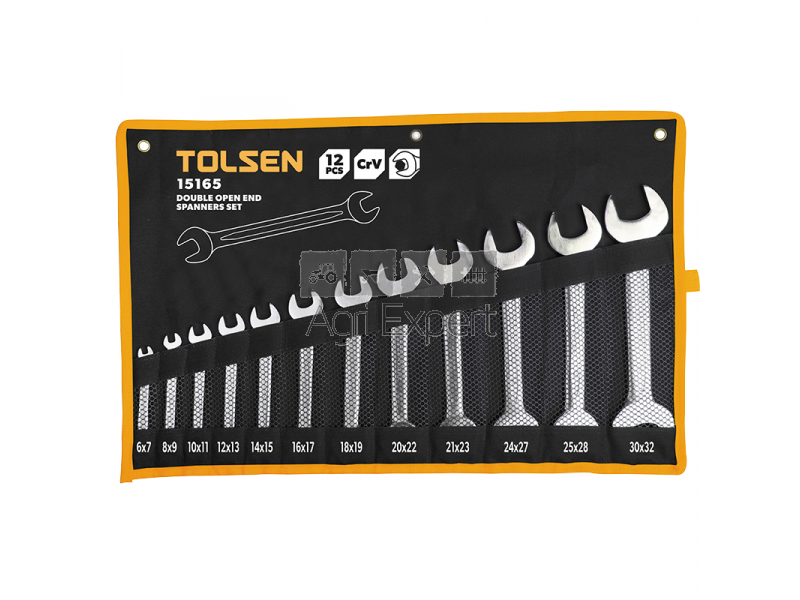 Kit de 12 clés à fourche Tolsen 15165 chrome vanadium, Pochette avec clés  6×7,8×9,10×11,12×13,14×15,16×17,18×19,20×22,21×23,24×27,25×28,30x32mm