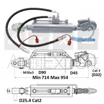 Barre de poussée hydraulique 11T crochet Cat3 genouillère Cat2 (25,4), entre-axe 714/954 mm avec flexibles et prises