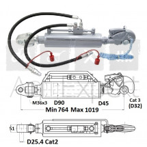 Barre de poussée hydraulique 11T crochet Cat3 genouillère Cat2 (25,4), entre-axe 764/1019mm avec flexibles et prises
