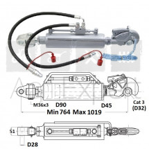 Barre de poussée hydraulique 11T crochet Cat3 genouillère D28, entre-axe 764/1019mm avec flexibles et prises
