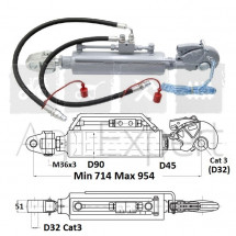 Barre de poussée hydraulique 11T crochet Cat3 genouillère D32, entre-axe 714/954 mm avec flexibles et prises
